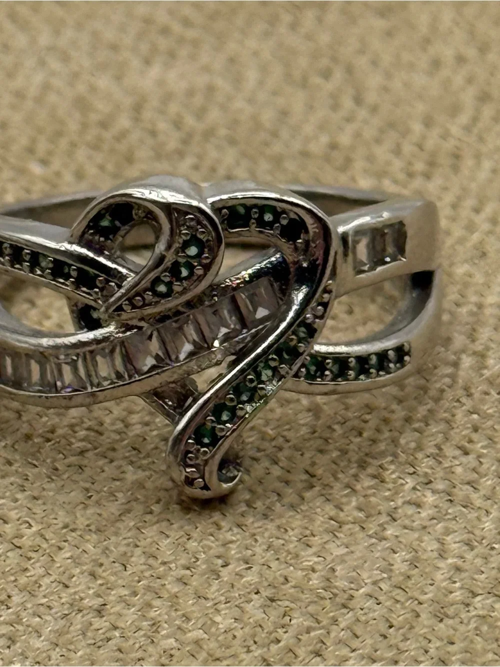 Sterling Silver heart Green and White Stone Crossover Ring
